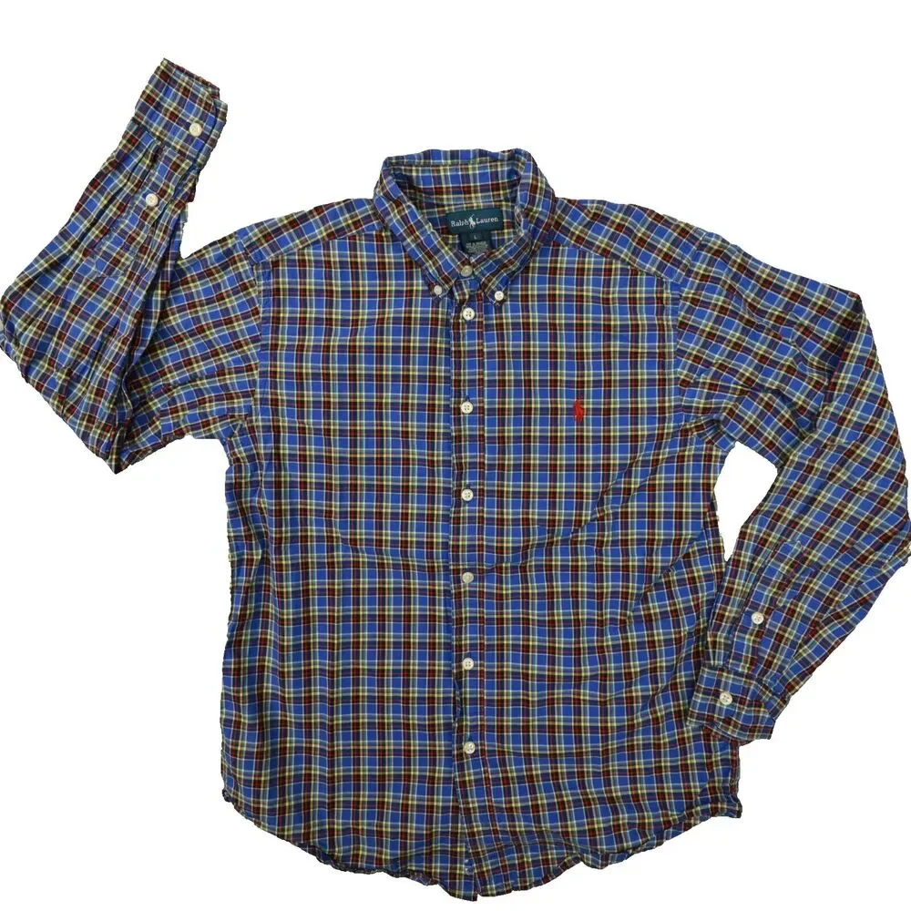 Ralph Lauren Boys Vintage Blue Madras Plaid‎ Button Up Shirt size Large